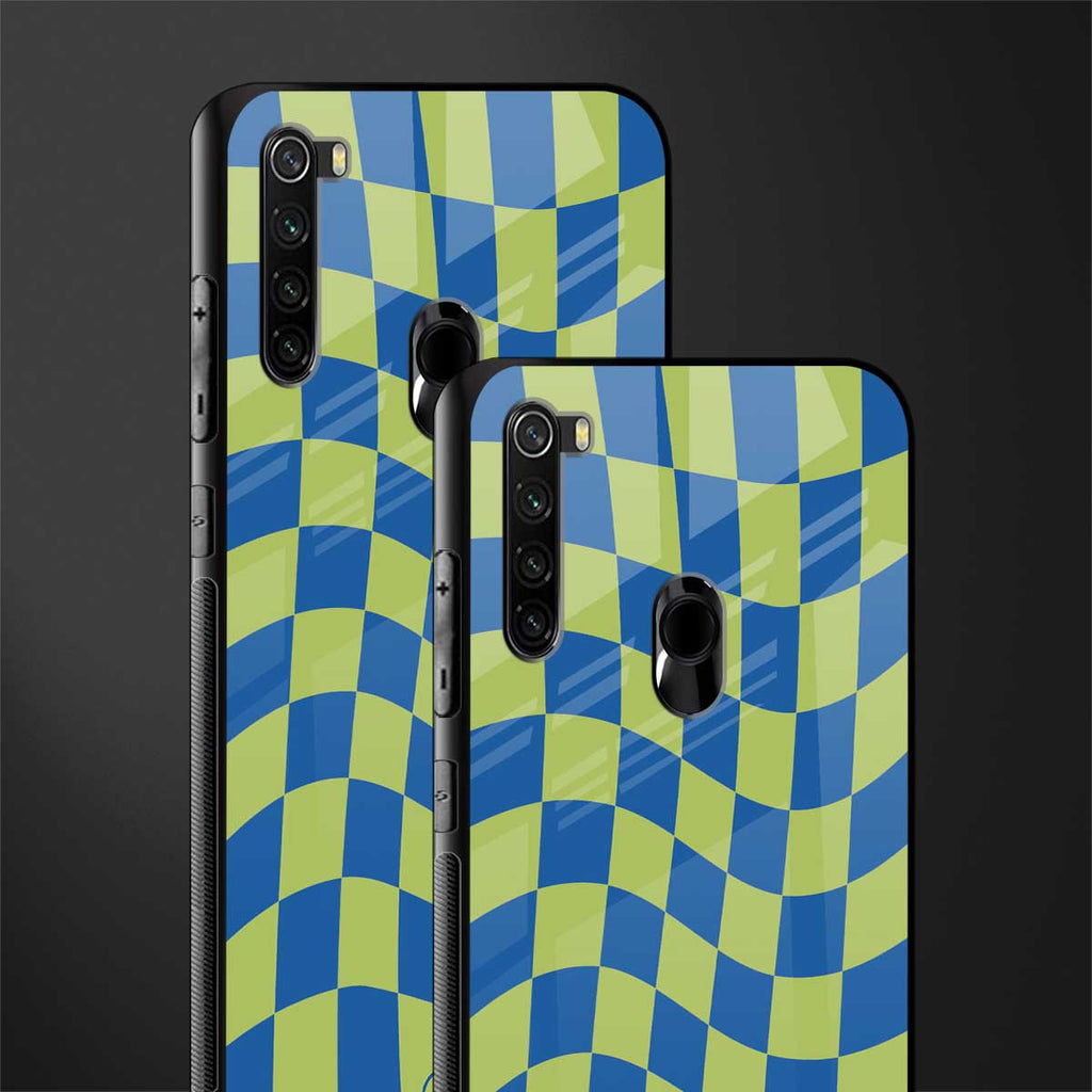 green blue trippy check pattern glass case for redmi note 8 image-2