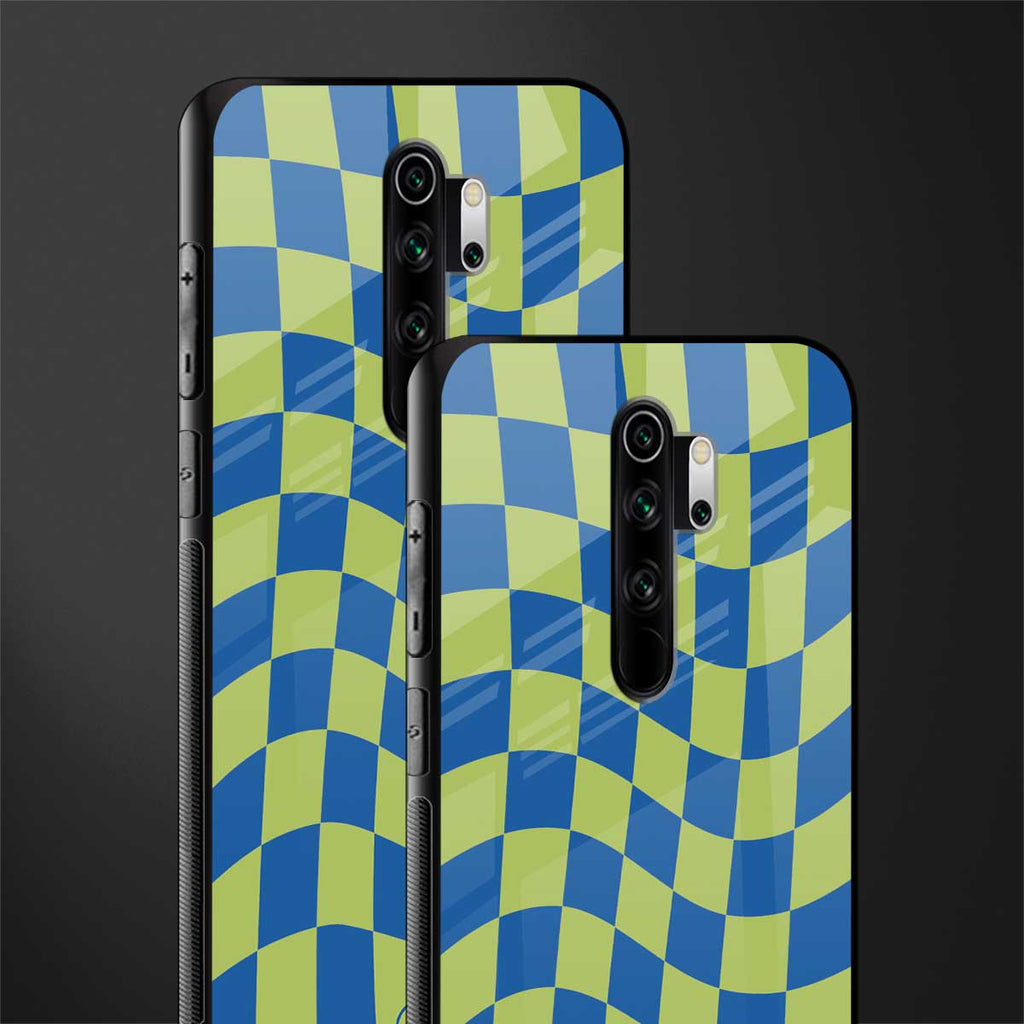 green blue trippy check pattern glass case for redmi note 8 pro image-2