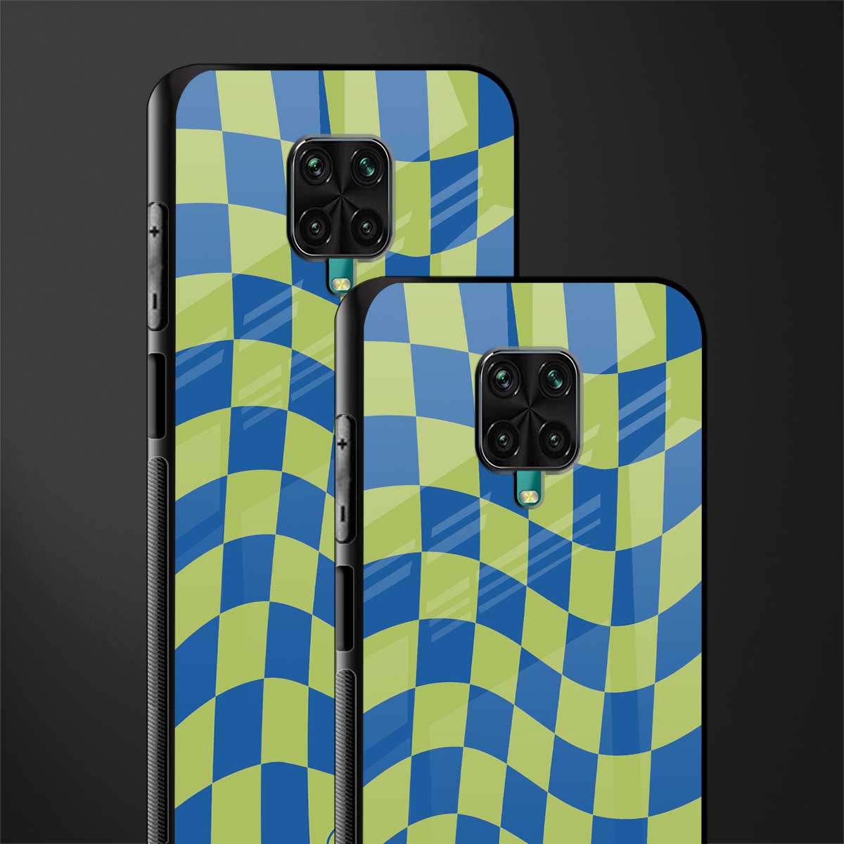 green blue trippy check pattern glass case for redmi note 9 pro image-2