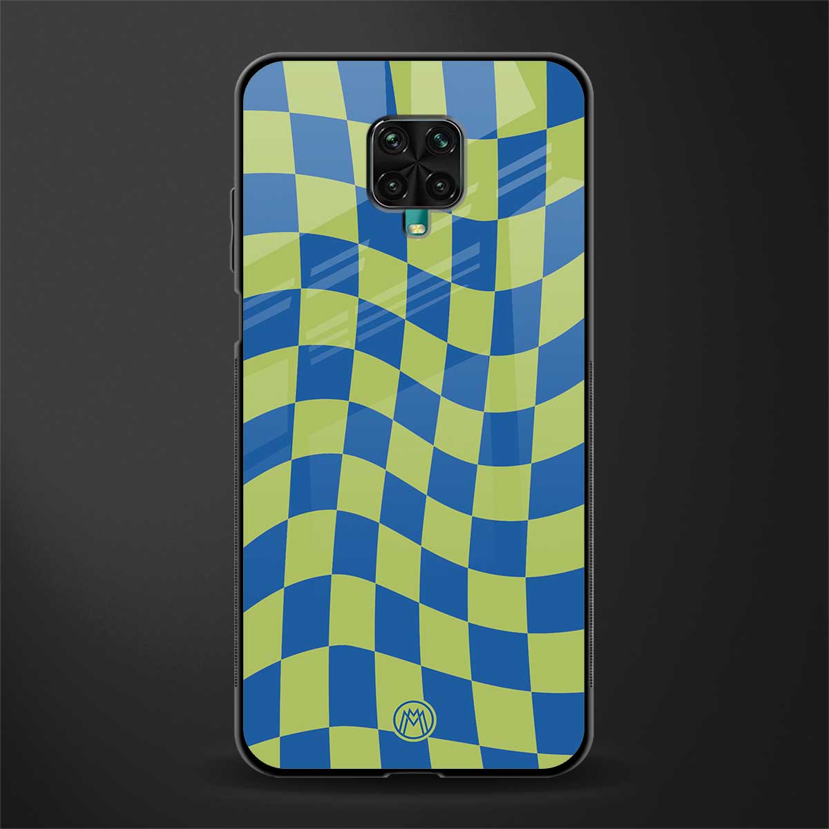 green blue trippy check pattern glass case for redmi note 9 pro image