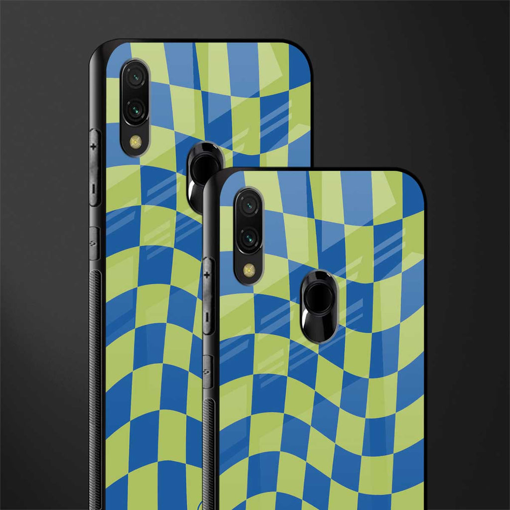 green blue trippy check pattern glass case for redmi note 7 image-2