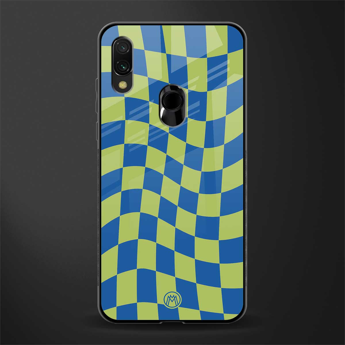 green blue trippy check pattern glass case for redmi note 7 pro image