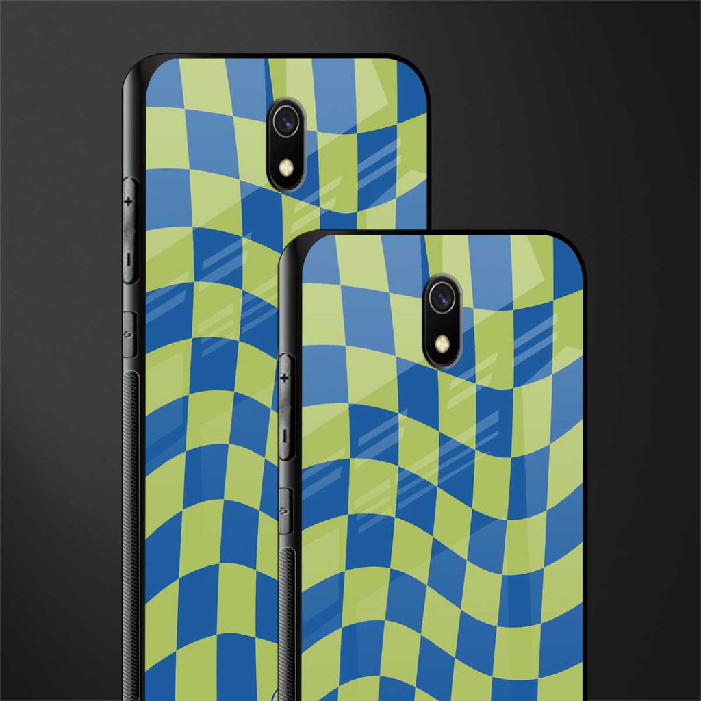 green blue trippy check pattern glass case for redmi 8a image-2