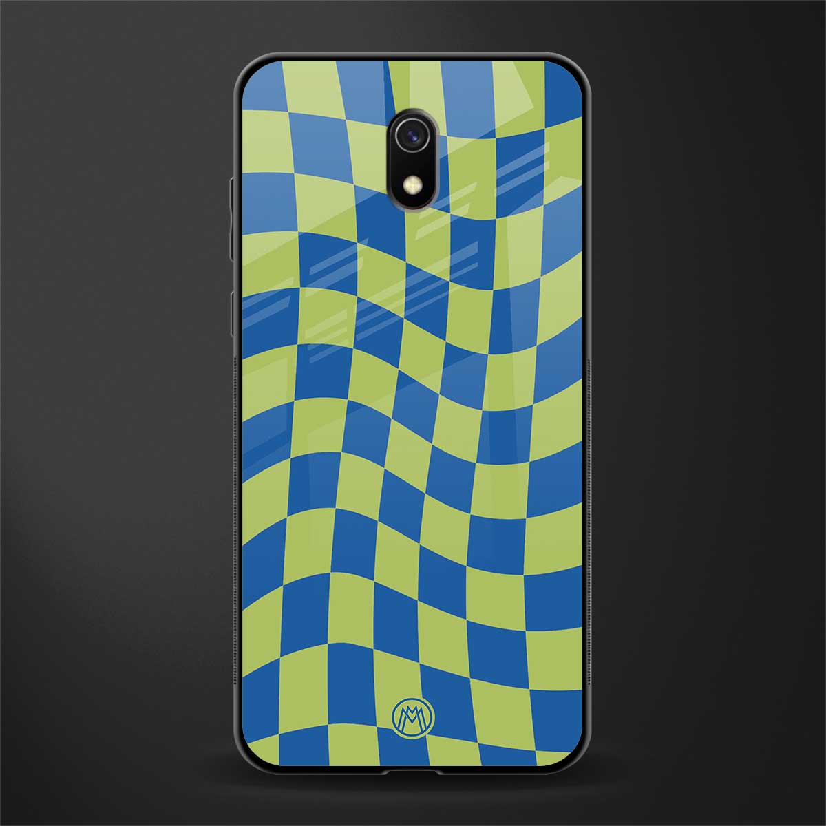 green blue trippy check pattern glass case for redmi 8a image