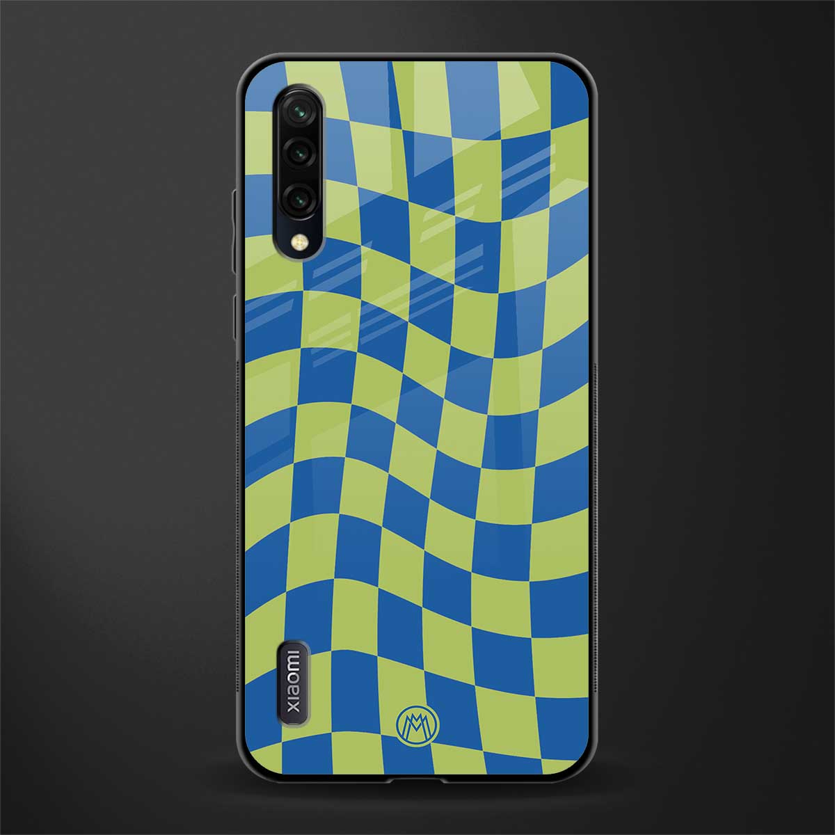 green blue trippy check pattern glass case for mi a3 redmi a3 image