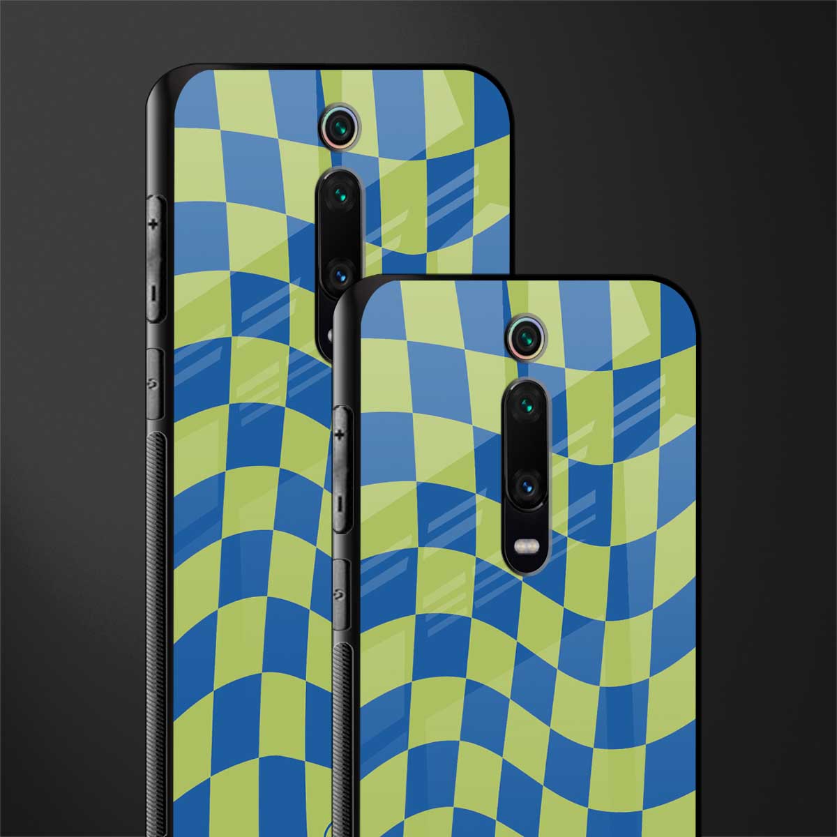 green blue trippy check pattern glass case for redmi k20 pro image-2