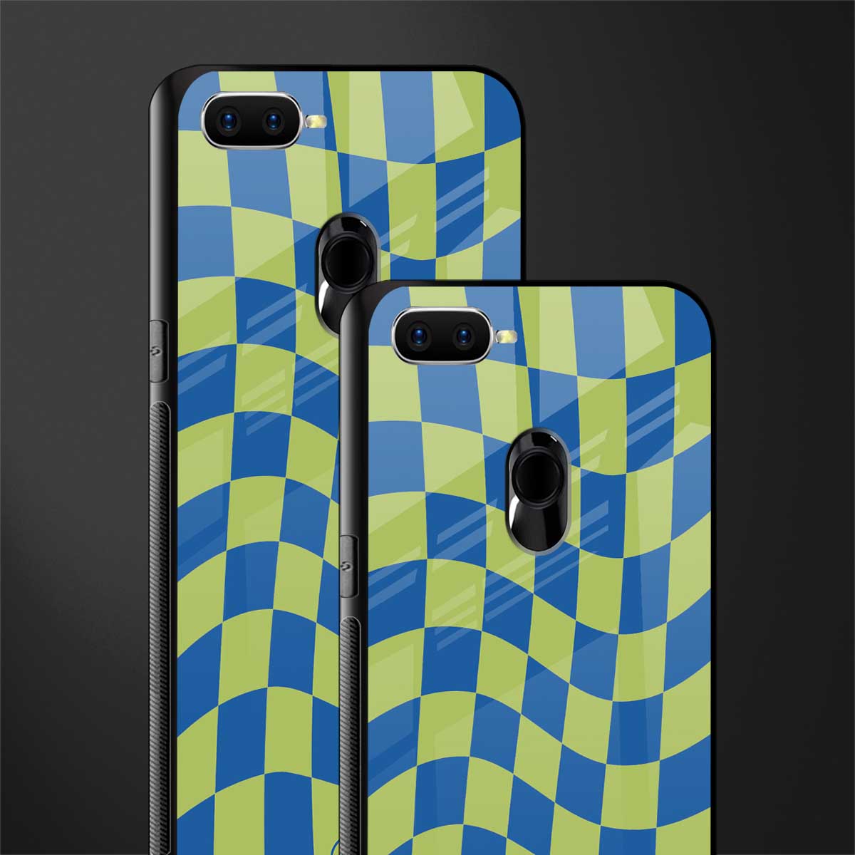 green blue trippy check pattern glass case for oppo a5s image-2