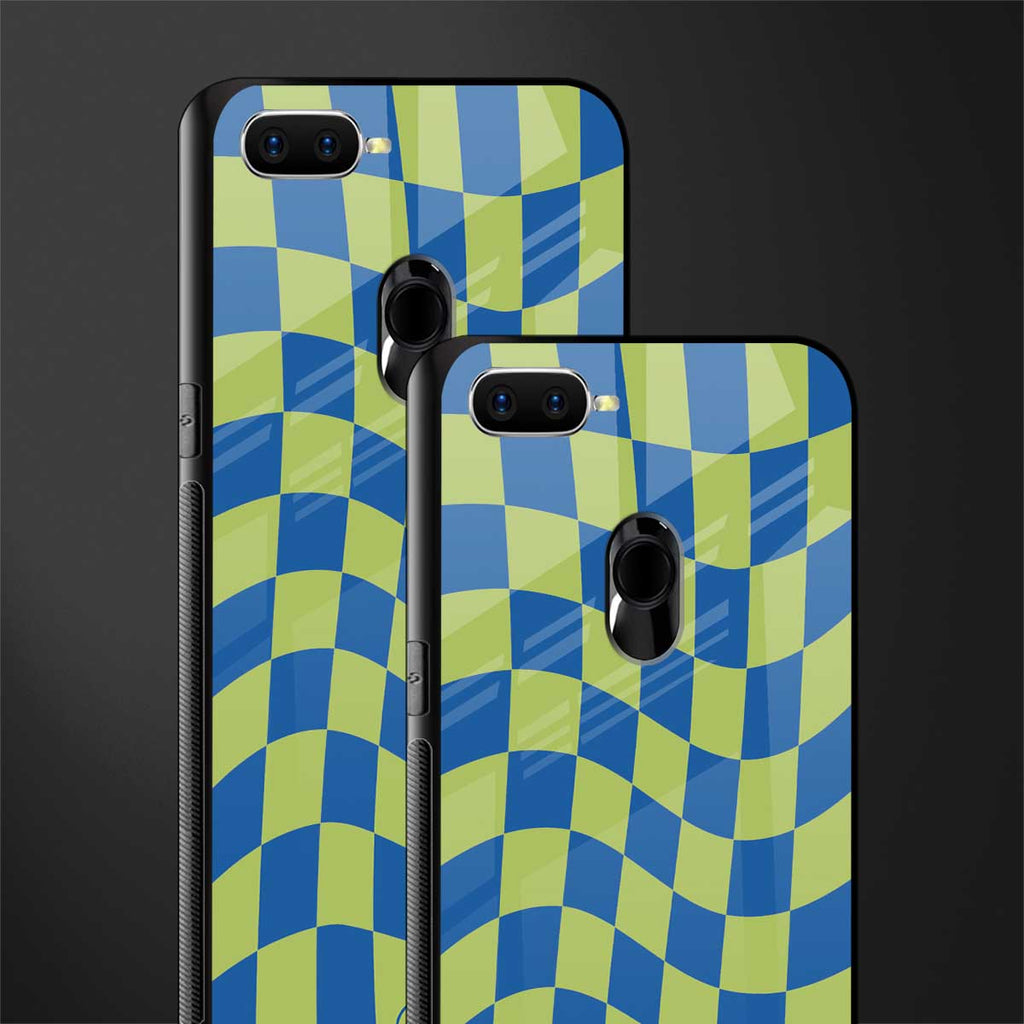 green blue trippy check pattern glass case for oppo a7 image-2