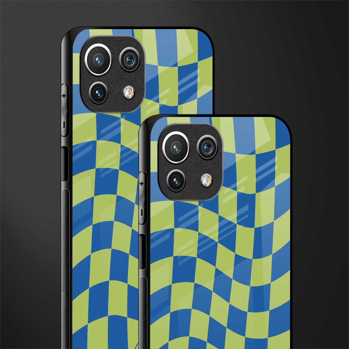 green blue trippy check pattern glass case for mi 11 lite image-2