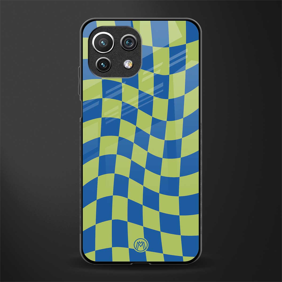 green blue trippy check pattern glass case for mi 11 lite image