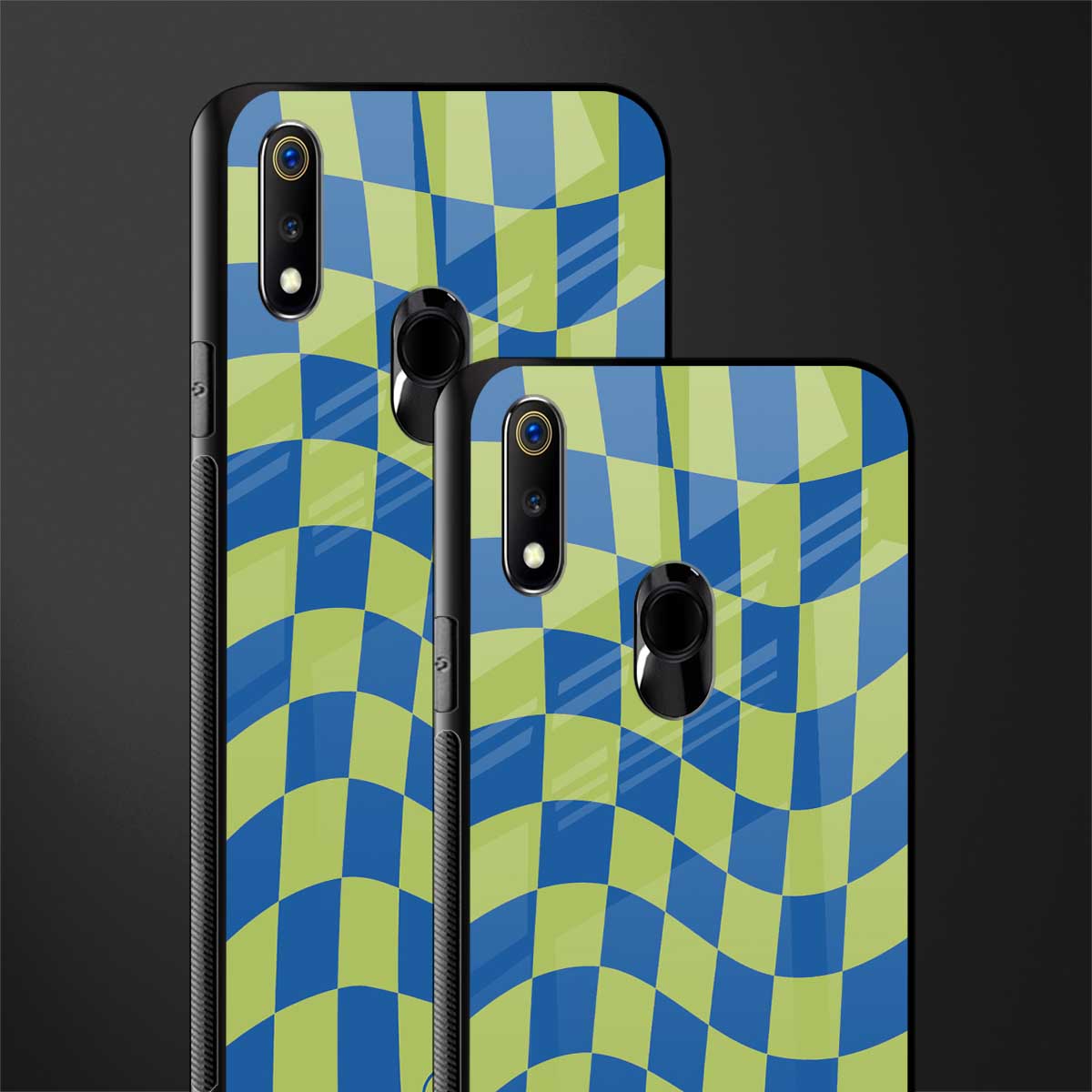 green blue trippy check pattern glass case for realme 3 pro image-2