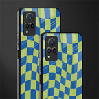 green blue trippy check pattern glass case for vivo v21 5g image-2