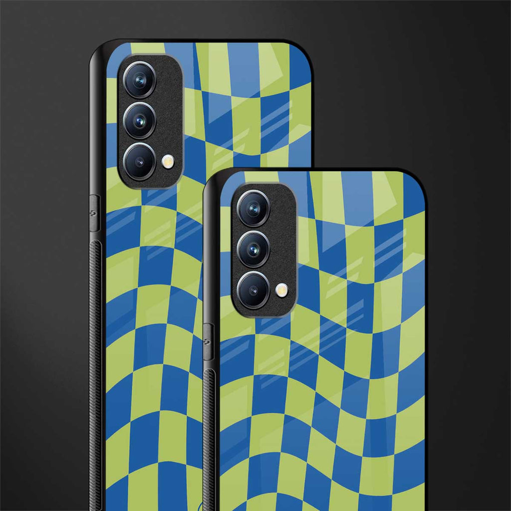 green blue trippy check pattern glass case for oppo f19 image-2