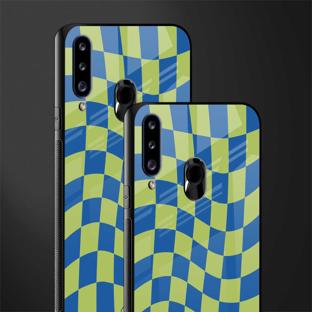 green blue trippy check pattern glass case for samsung galaxy a20s image-2