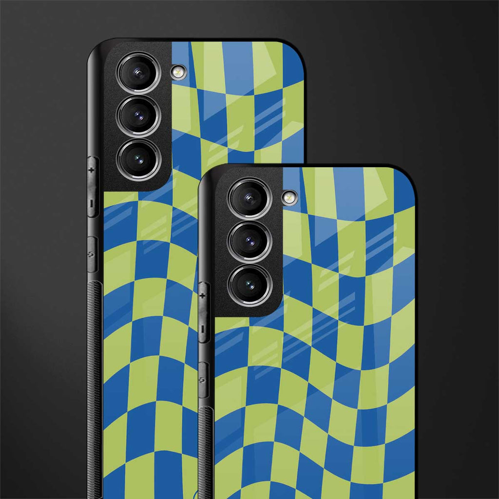green blue trippy check pattern glass case for samsung galaxy s21 fe 5g image-2