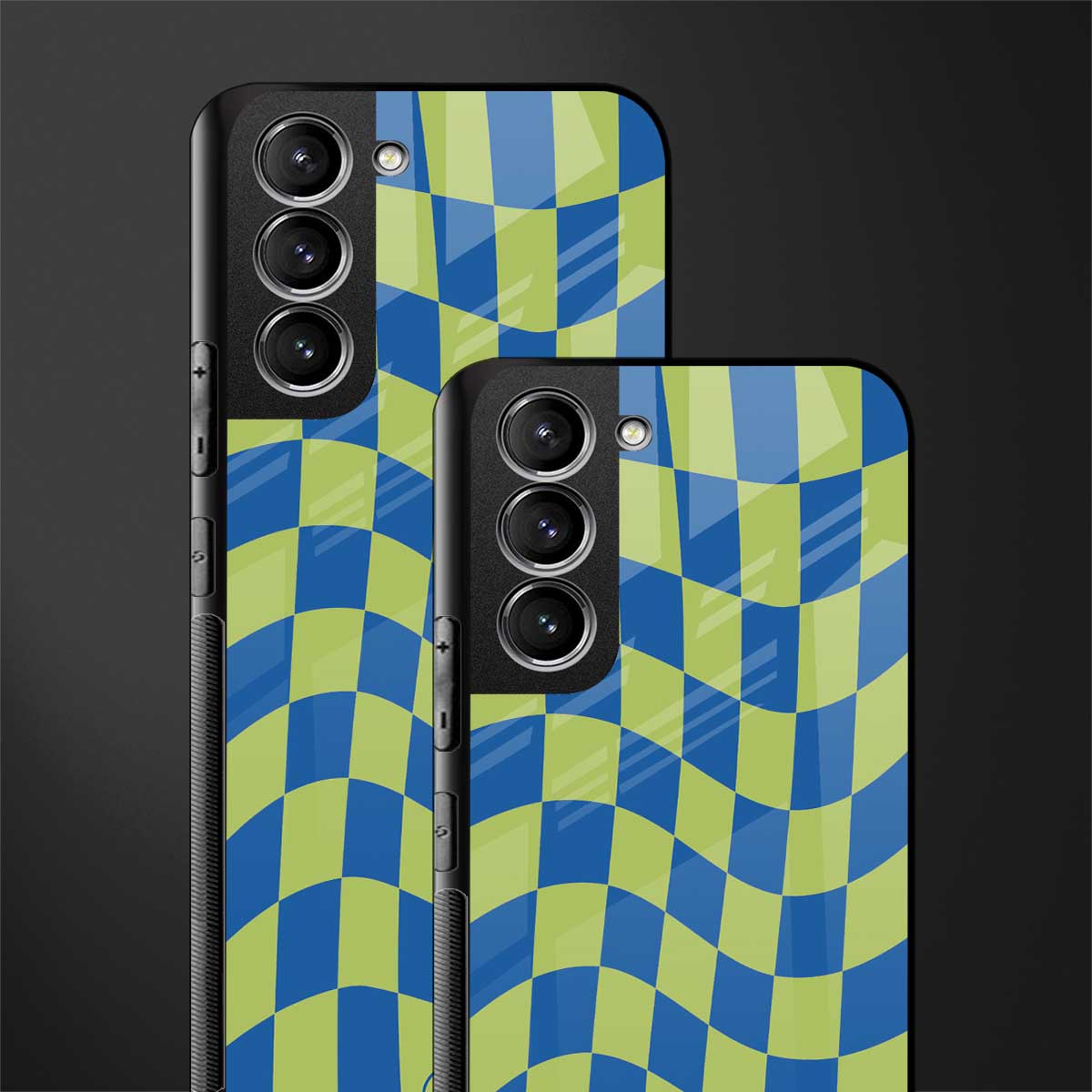 green blue trippy check pattern glass case for samsung galaxy s21 fe 5g image-2