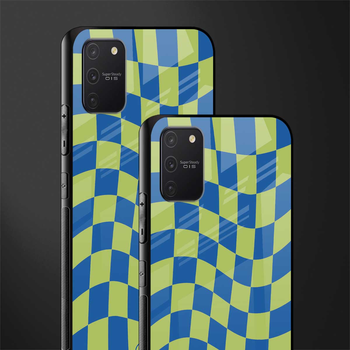 green blue trippy check pattern glass case for samsung galaxy a91 image-2