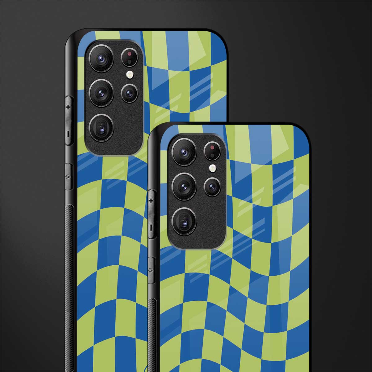 green blue trippy check pattern glass case for samsung galaxy s21 ultra image-2