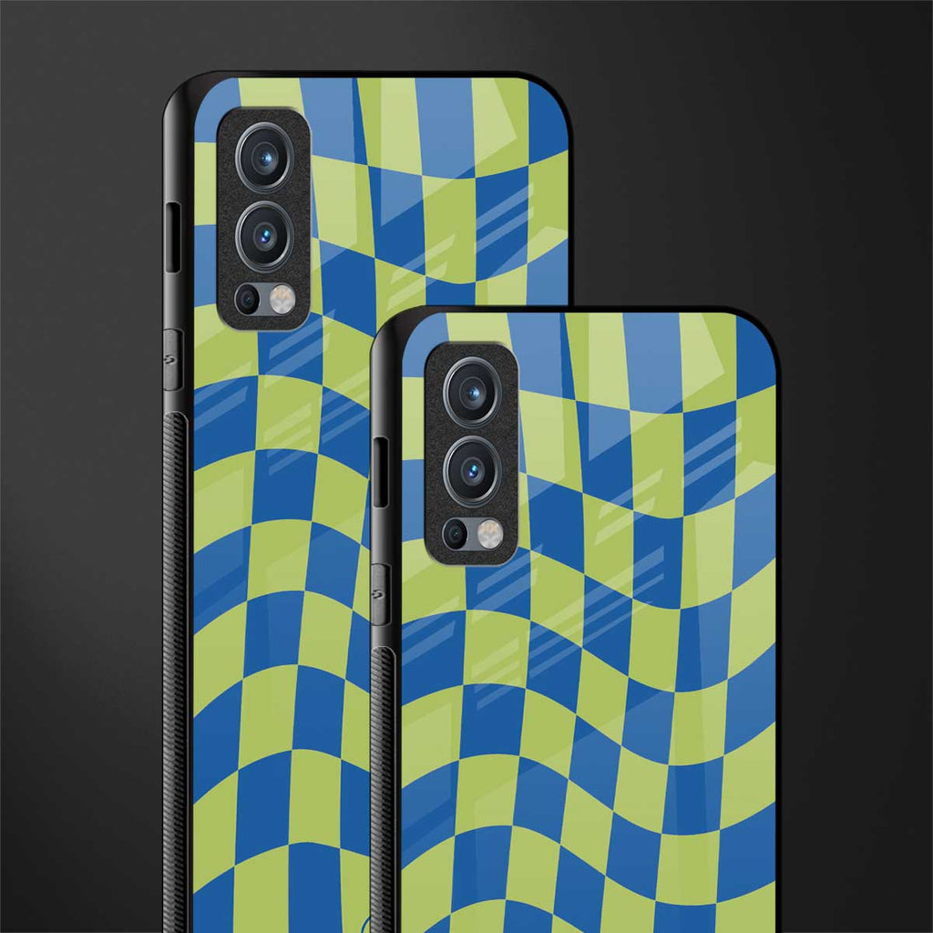 green blue trippy check pattern glass case for oneplus nord 2 5g image-2