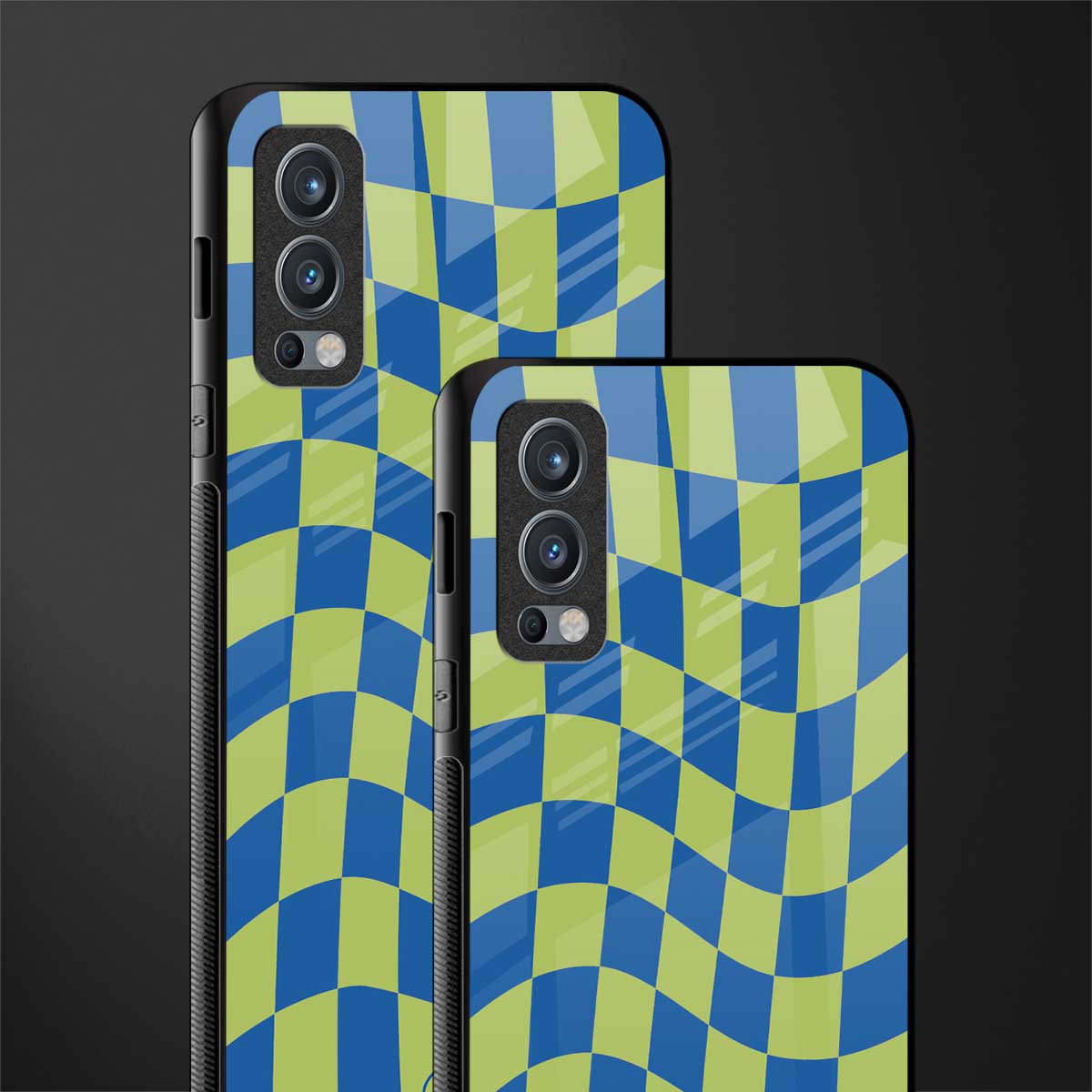 green blue trippy check pattern glass case for oneplus nord 2 5g image-2