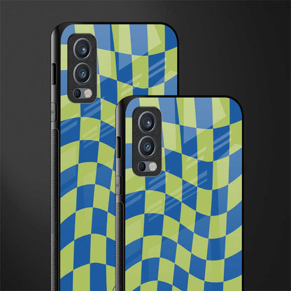 green blue trippy check pattern glass case for oneplus nord 2 5g image-2