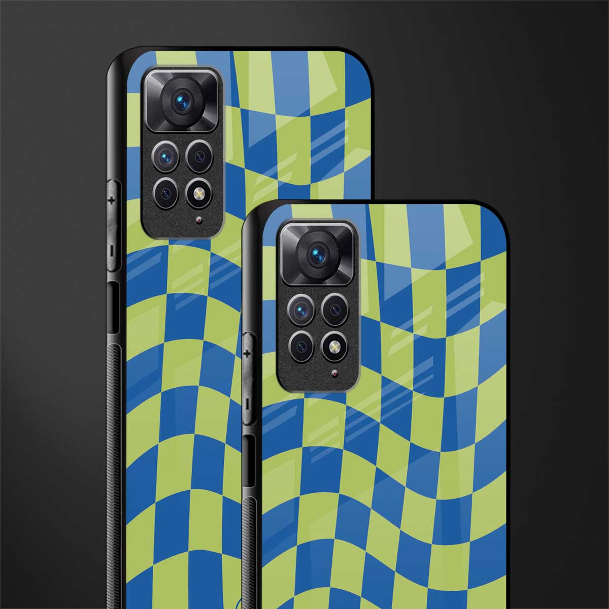 green blue trippy check pattern glass case for redmi note 11 image-2