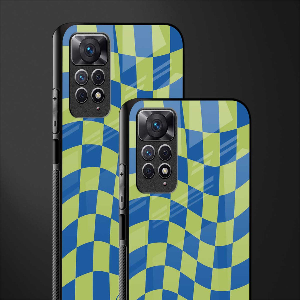 green blue trippy check pattern glass case for redmi note 11s image-2