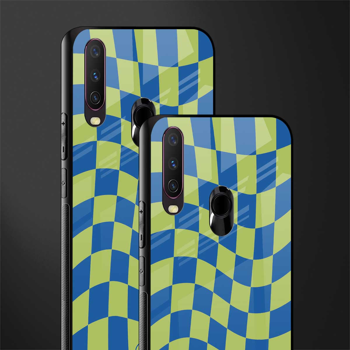 green blue trippy check pattern glass case for vivo y12 image-2