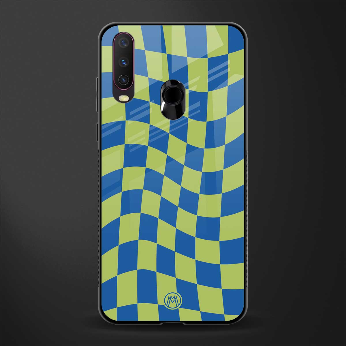 green blue trippy check pattern glass case for vivo y12 image