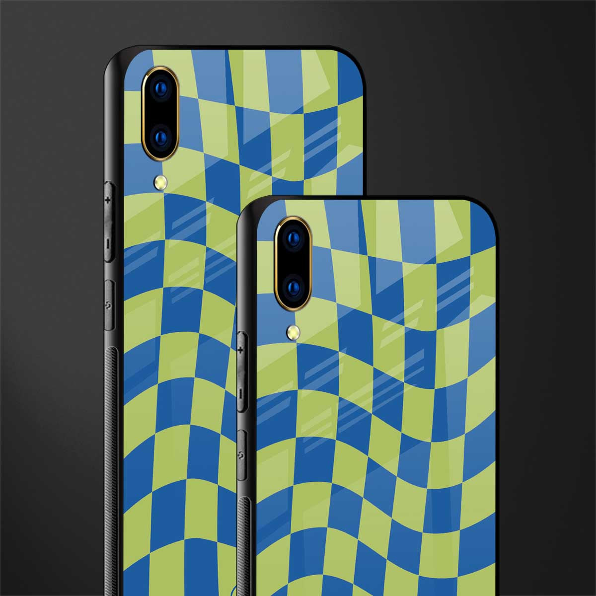 green blue trippy check pattern glass case for vivo v11 pro image-2