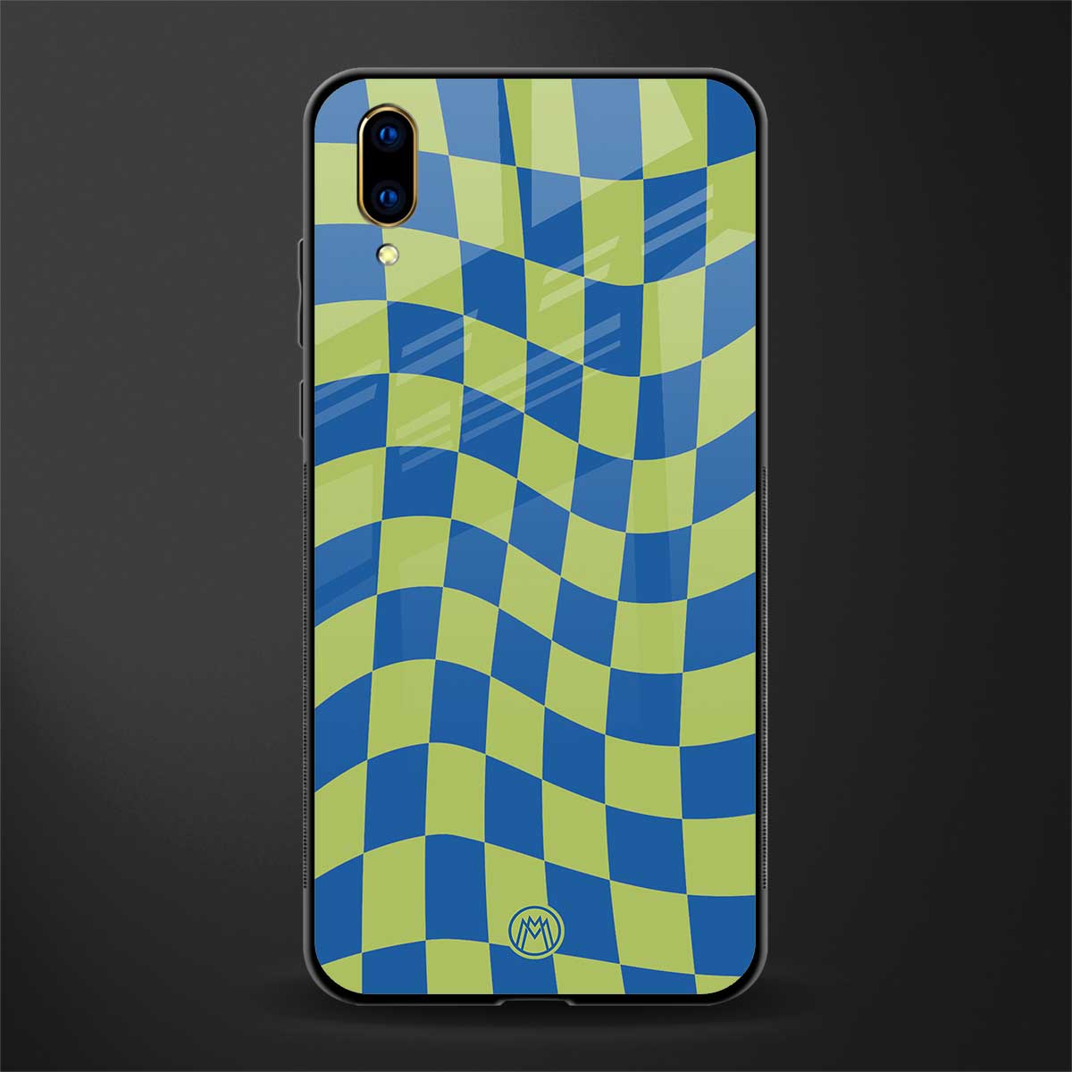 green blue trippy check pattern glass case for vivo v11 pro image