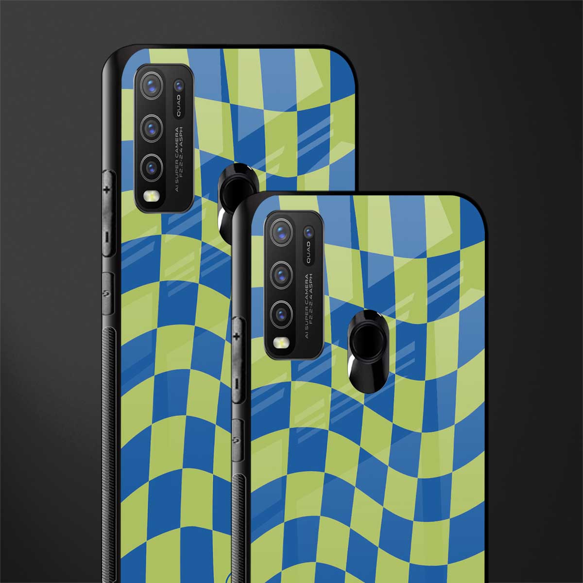green blue trippy check pattern glass case for vivo y30 image-2