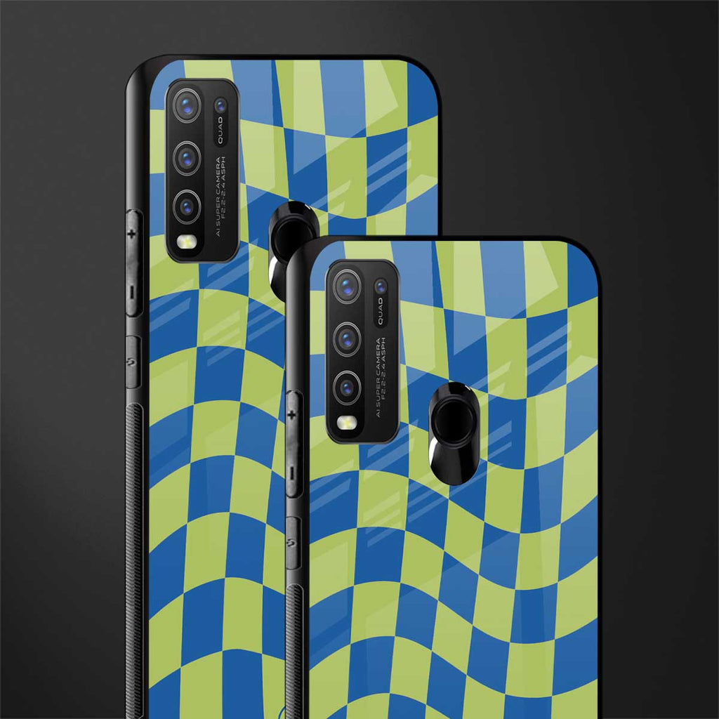 green blue trippy check pattern glass case for vivo y50 image-2