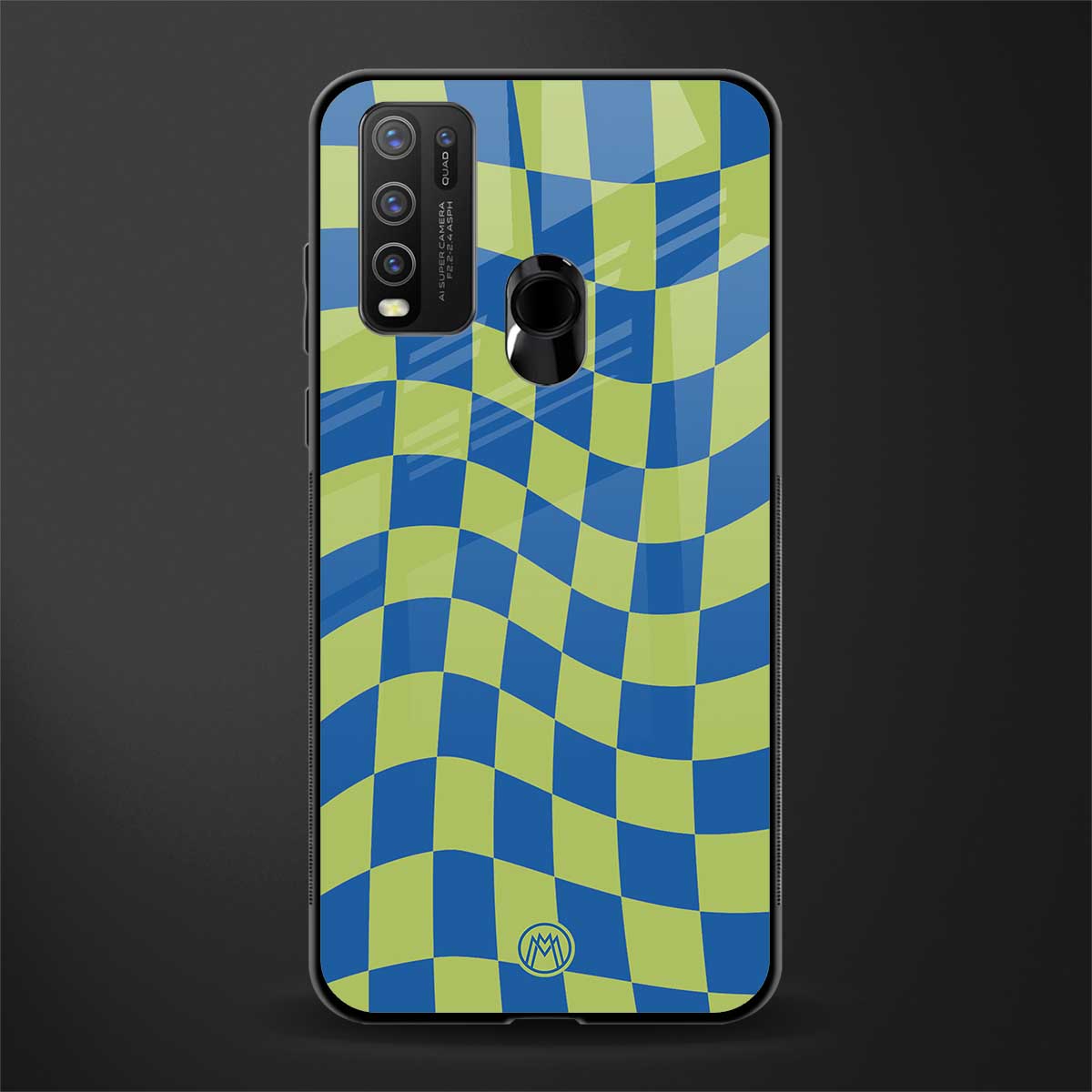 green blue trippy check pattern glass case for vivo y30 image