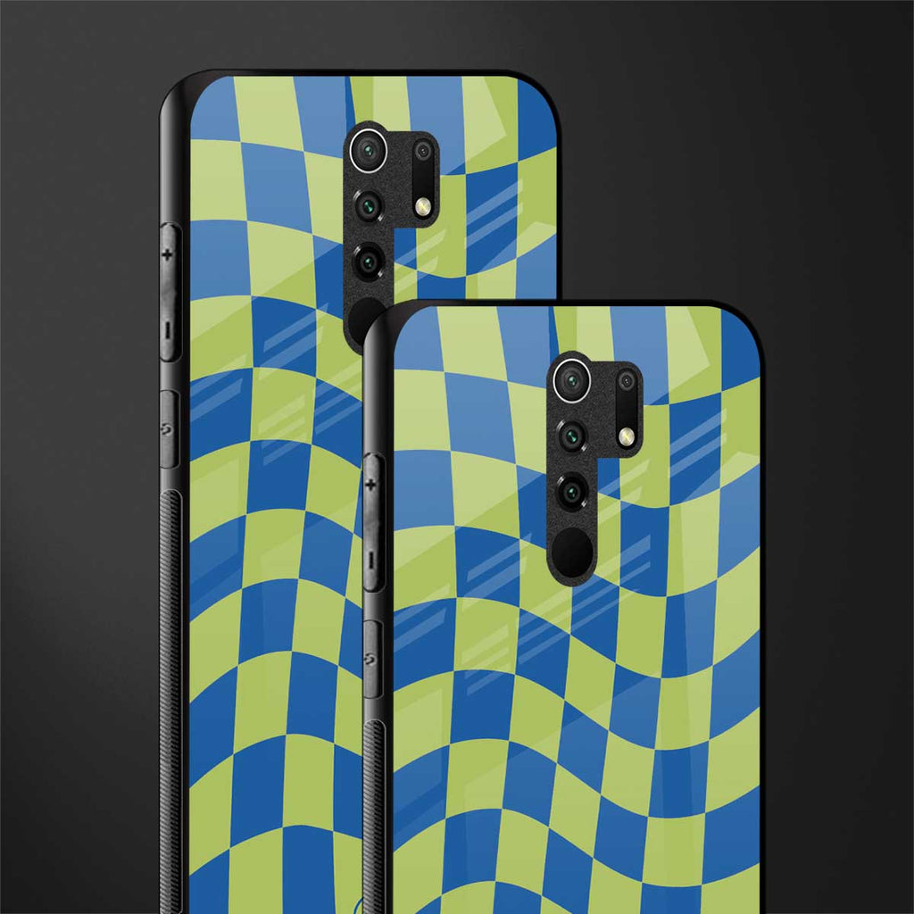 green blue trippy check pattern glass case for redmi 9 prime image-2