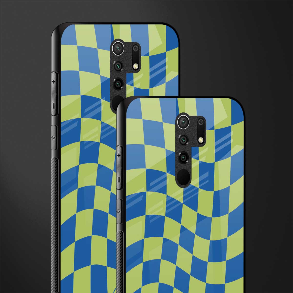 green blue trippy check pattern glass case for redmi 9 prime image-2
