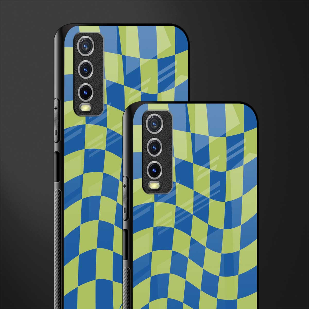 green blue trippy check pattern glass case for vivo y20 image-2