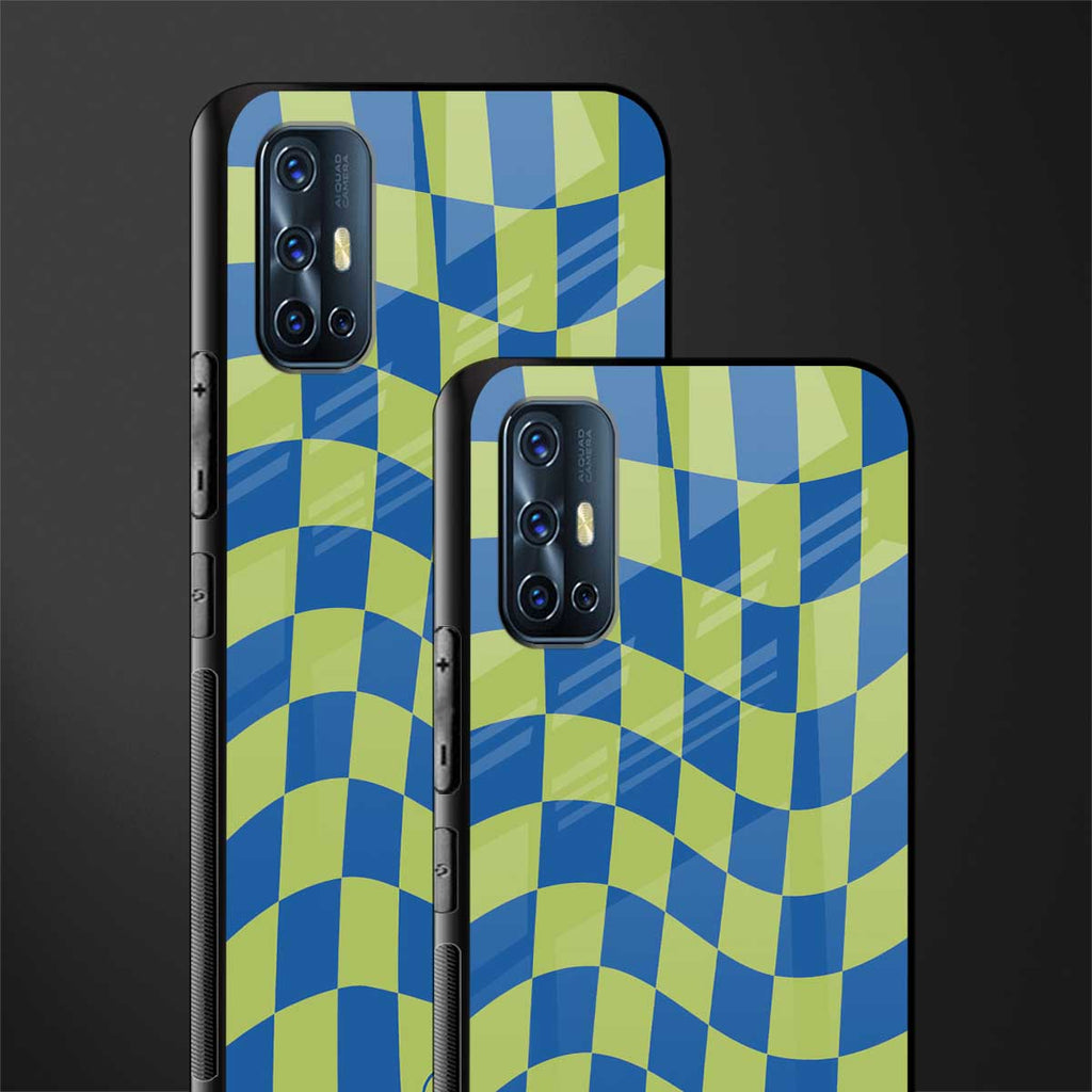 green blue trippy check pattern glass case for vivo v17 image-2