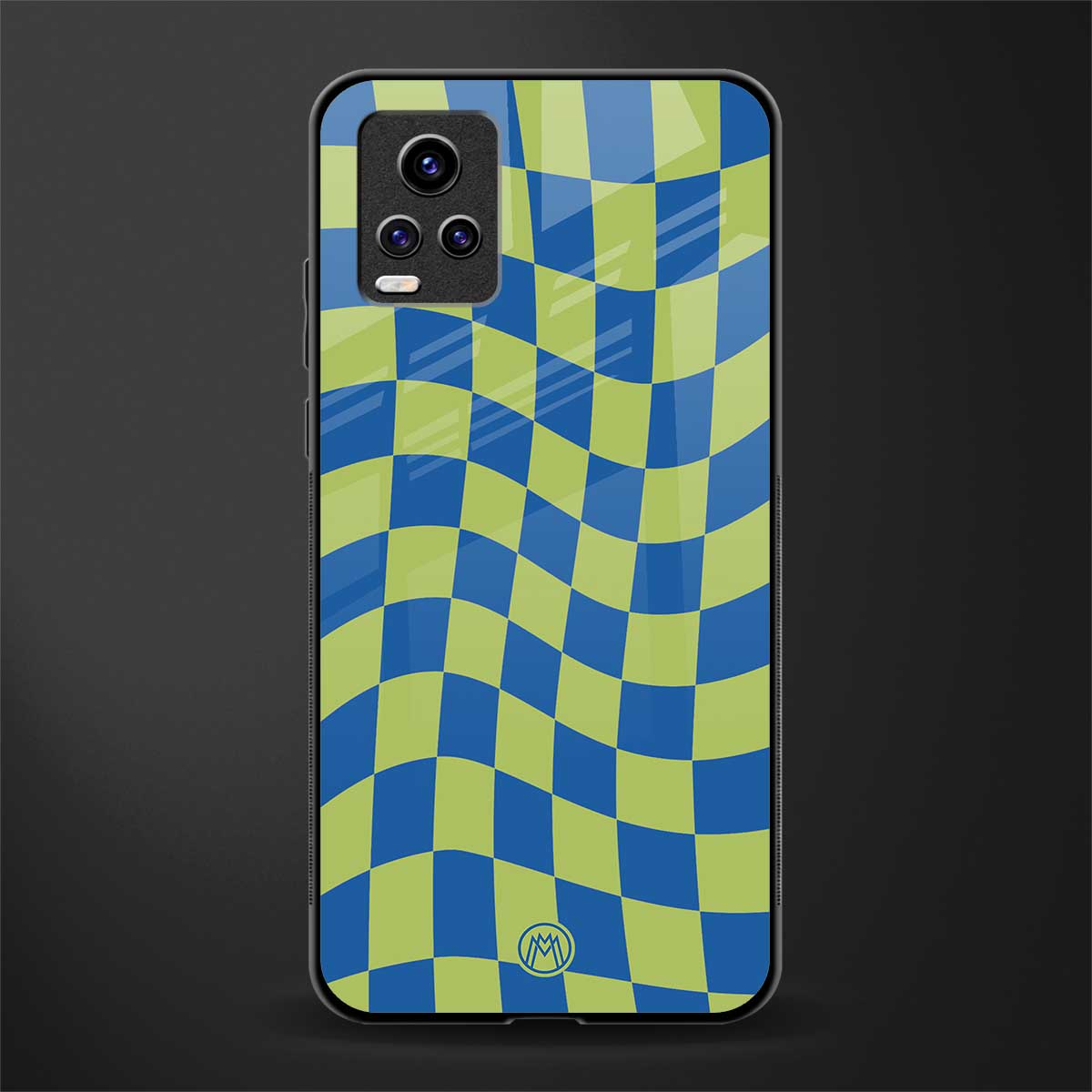 green blue trippy check pattern glass case for vivo v20 image