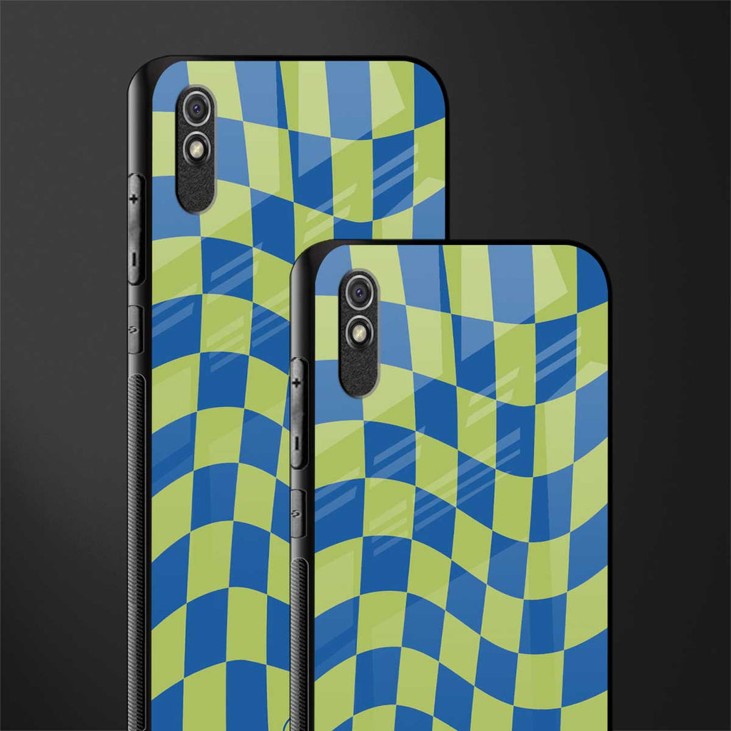 green blue trippy check pattern glass case for redmi 9a image-2