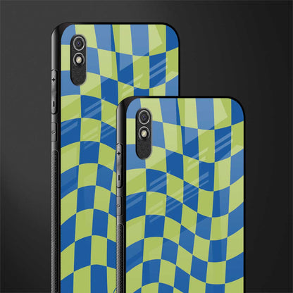 green blue trippy check pattern glass case for redmi 9i image-2