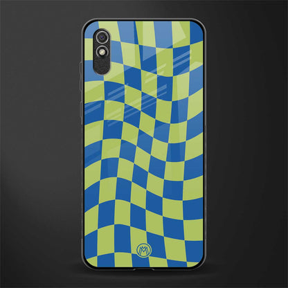 green blue trippy check pattern glass case for redmi 9a image