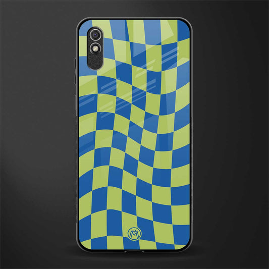 green blue trippy check pattern glass case for redmi 9i image