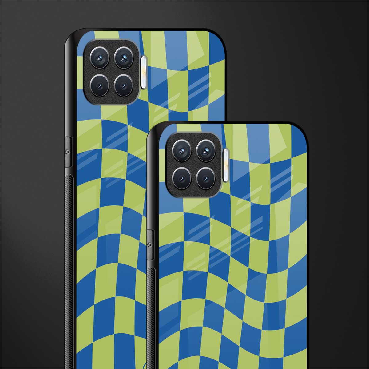 green blue trippy check pattern glass case for oppo f17 pro image-2