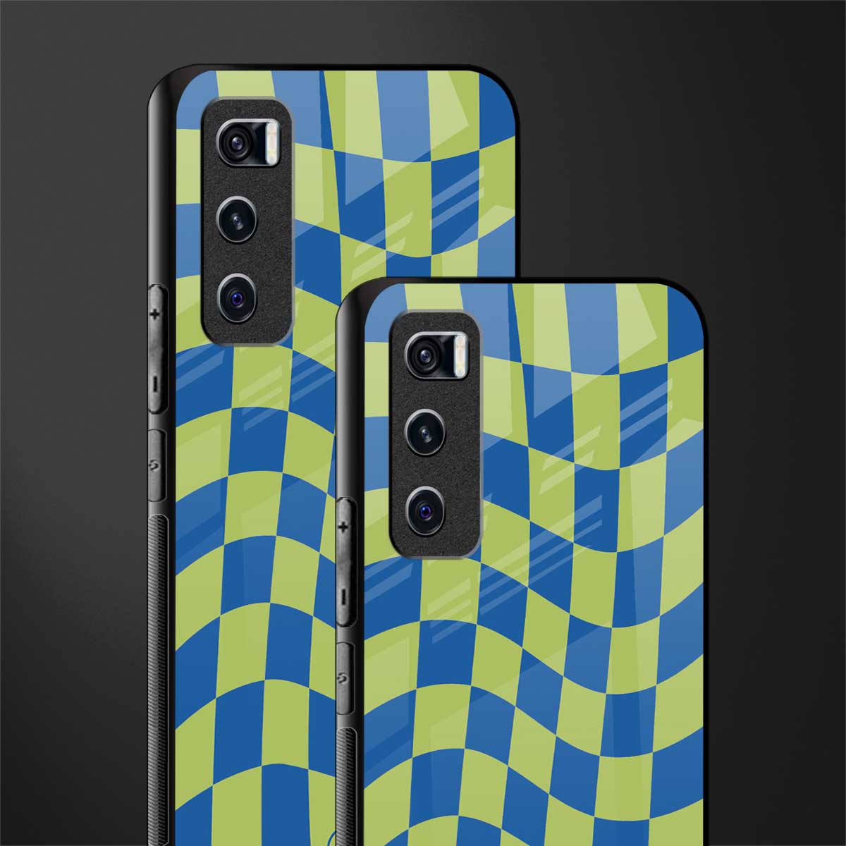 green blue trippy check pattern glass case for vivo v20 se image-2