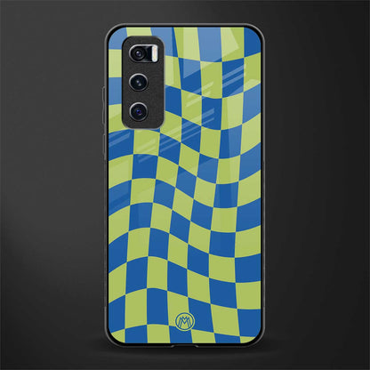 green blue trippy check pattern glass case for vivo v20 se image