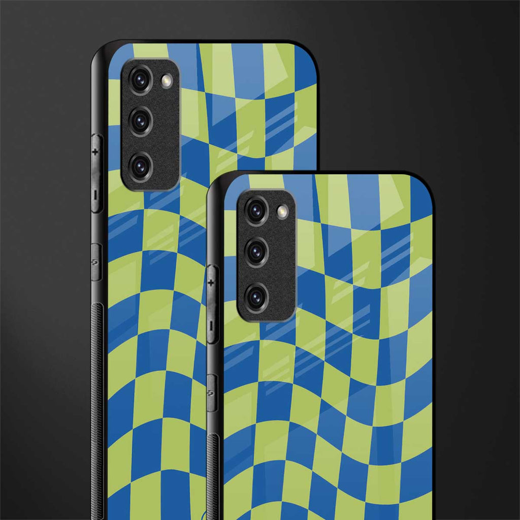 green blue trippy check pattern glass case for samsung galaxy s20 fe image-2