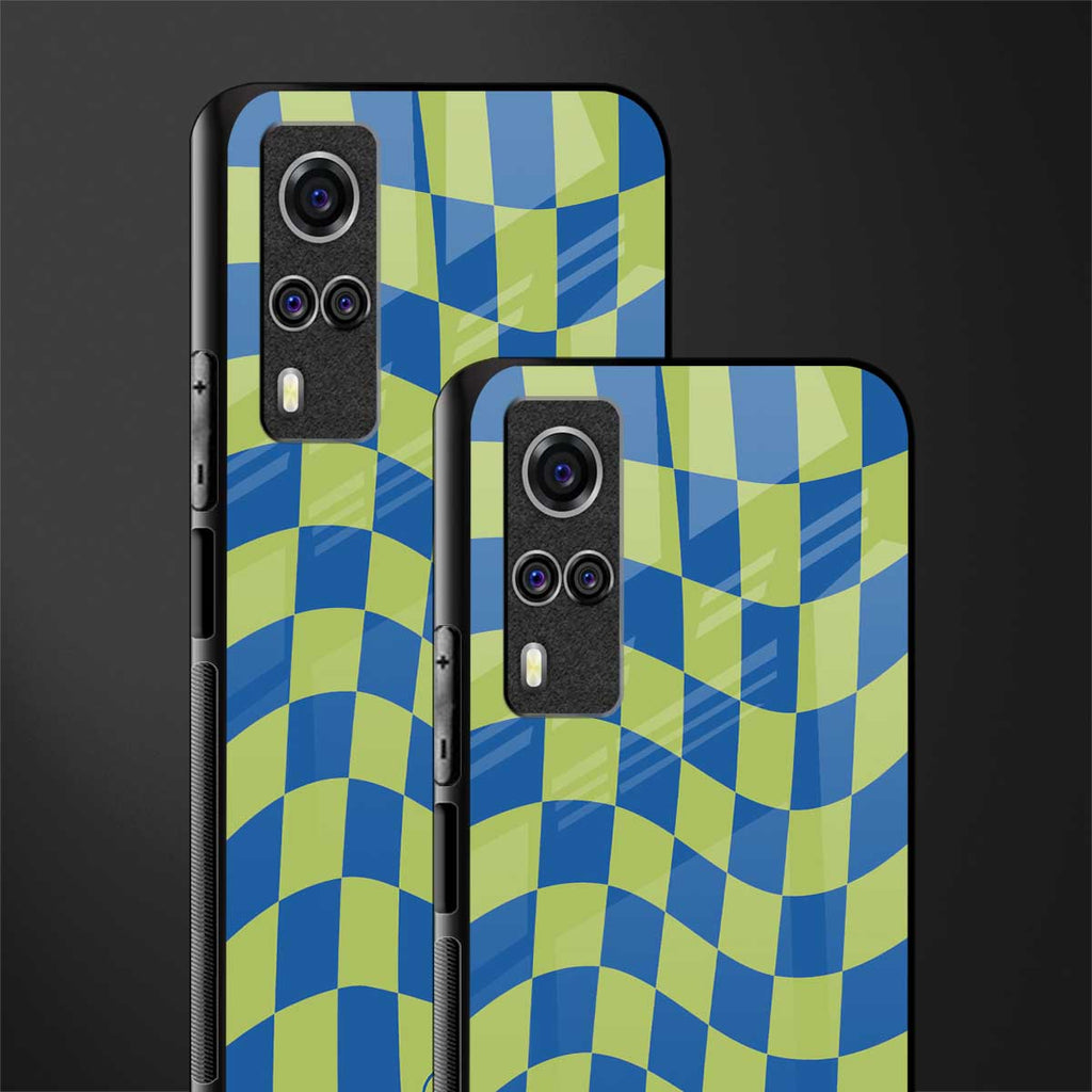 green blue trippy check pattern glass case for vivo y53s image-2