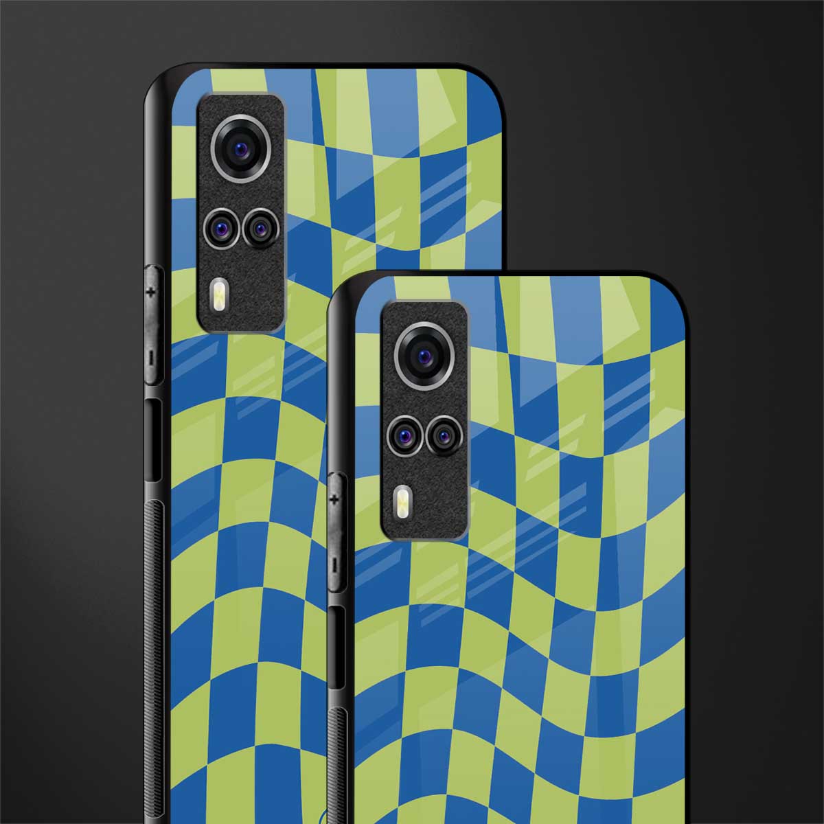 green blue trippy check pattern glass case for vivo y53s image-2