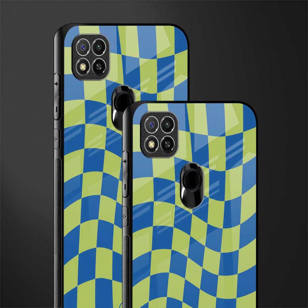 green blue trippy check pattern glass case for poco c31 image-2